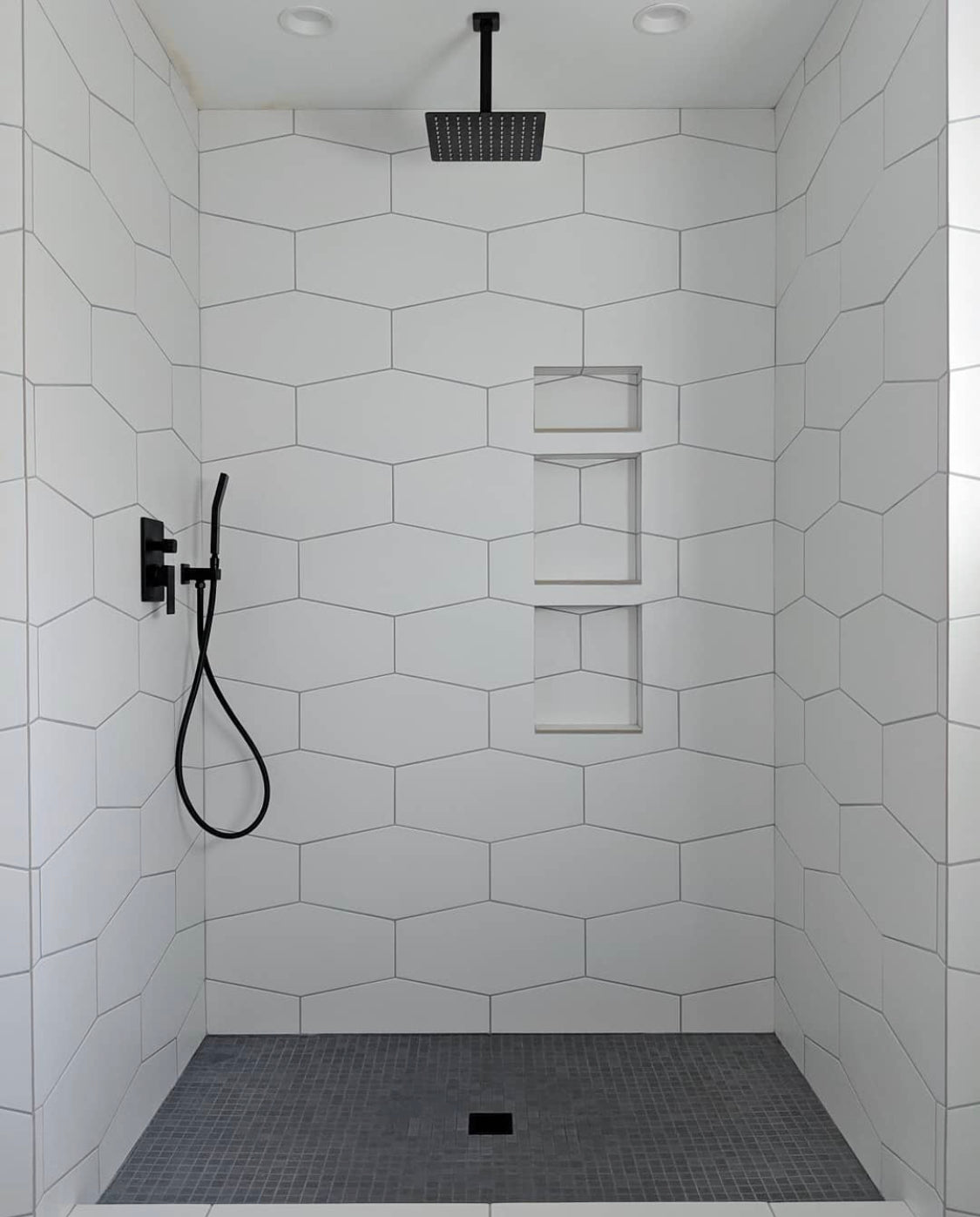 Elongated Hex Wall Tile with Mosaic Shower Pan- Types of Tile - Customer Installation