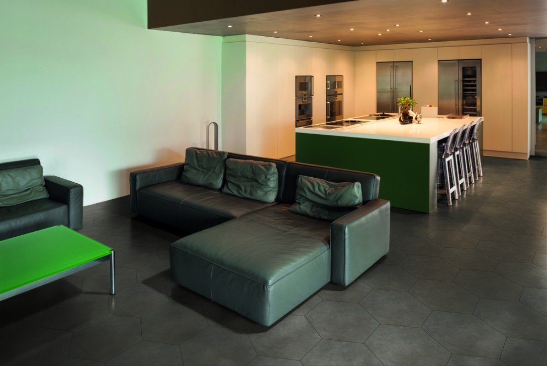 hexagon tile in ash grey in open kitchen and living room. 