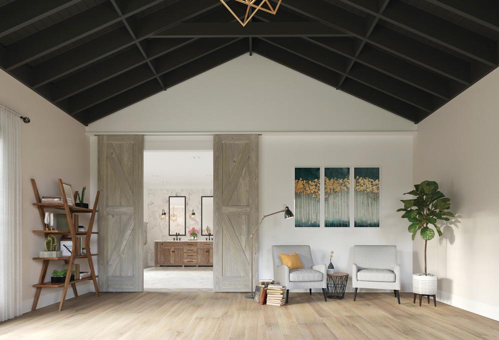 master bedroom with wood looking tile on the floor.