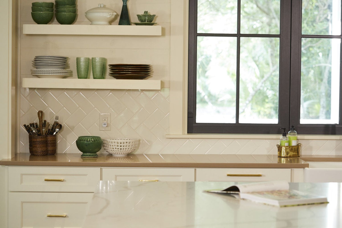 biscuit gloss ceramic tile on kitchen backsplash herringbone wall subway tile