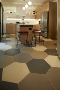 hexagon tile with a mix of ivory, taupe, ash grey, and grey in modern kitchen.