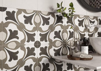 Beige rug porcelain tile close up on the wall.