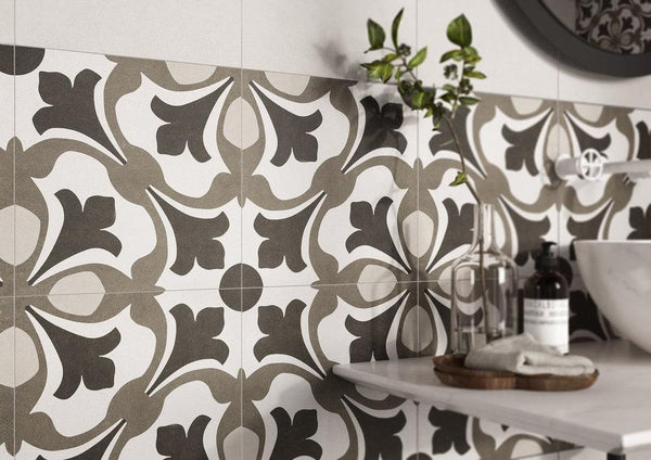 Beige rug porcelain tile close up on the wall.