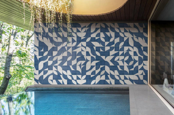 white and blue organic pool wall