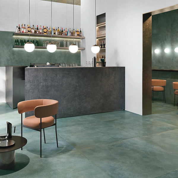 metallic forest green tile on bar room floor