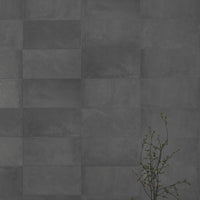 Black Icon porcelain tile on the wall with a plant