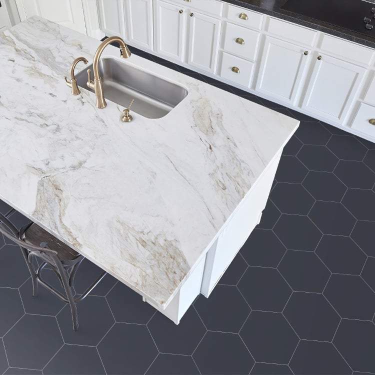 Navy Paros hexagon on floor kitchen