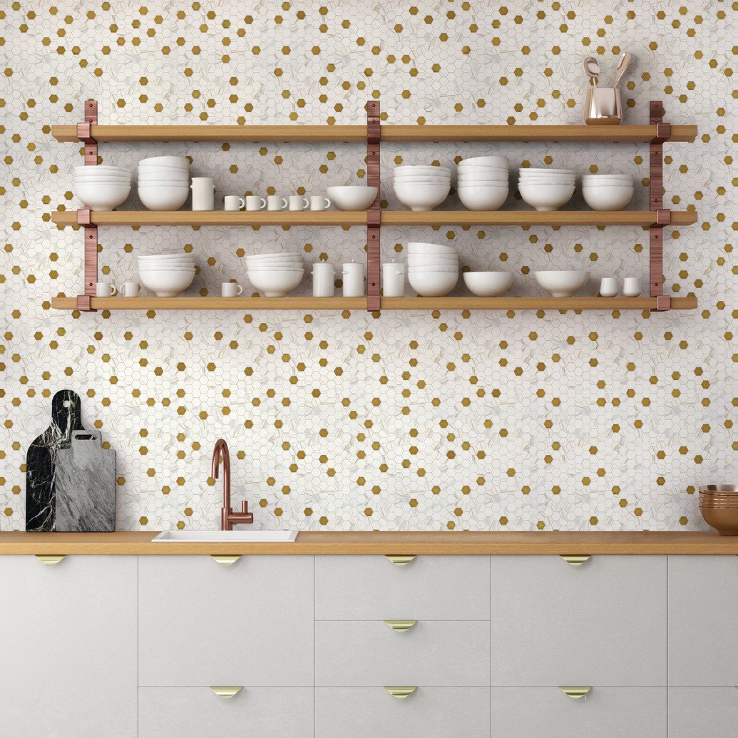 Posh chiffon hexagon mosaic tiles on light modern kitchen backsplash featuring floating shelves.